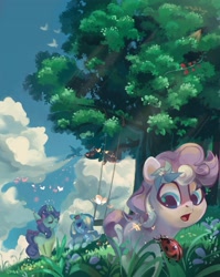 Size: 2480x3118 | Tagged: safe, artist:feelinnglad, artist:mojitoponyo, imported from derpibooru, oc, oc only, butterfly, earth pony, insect, ladybug, pegasus, unicorn, bow, flower, kite, outdoors, swing, tree