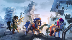 Size: 3840x2160 | Tagged: safe, artist:jedayskayvoker, imported from derpibooru, oc, oc only, oc:reverb skyriff, oc:silverwind, oc:stone mane, pegasus, fallout equestria, commission, pegasus oc, pipbuck, post-apocalyptic, ruins, wings, ych result