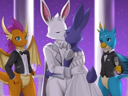 Size: 800x600 | Tagged: safe, artist:winick-lim, imported from derpibooru, gallus, smolder, oc, oc:bonnie, oc:endymion, anthro, dragon, griffon, rabbit, alcohol, animal, bonnie, bonnie (fnaf), champagne, clothes, dress, female, five nights at freddy's, furry, kissing, male, straight, tuxedo, wine