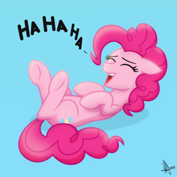 Size: 2048x2048 | Tagged: safe, artist:whitequartztheartist, imported from derpibooru, pinkie pie, earth pony, pony, blue background, eyes closed, female, floppy ears, laughing, lying down, on back, pink mane, simple background, solo