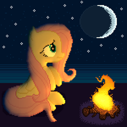 Size: 1200x1200 | Tagged: safe, artist:calinou, derpibooru exclusive, imported from derpibooru, fluttershy, pegasus, pony, campfire, female, fire, laigter, moon, night, pixel art, pixelorama, sad, side view, solo, stars