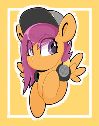 Size: 3129x4000 | Tagged: safe, alternate version, artist:partylikeanartist, imported from derpibooru, scootaloo, pegasus, pony, absurd resolution, alternate design, alternate hairstyle, cap, cute, cutealoo, eye clipping through hair, eyebrows, eyebrows visible through hair, female, hat, headphones, looking away, simple background, solo, wingding eyes