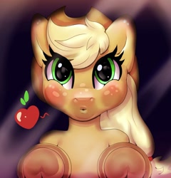 Size: 1280x1332 | Tagged: safe, artist:...macabre..., artist:1alberich1, imported from derpibooru, applejack, earth pony, pony, against glass, apple, blushing, ear blush, female, floating heart, food, fourth wall, freckles, frog (hoof), g4, glass, heart, kissy face, looking at you, solo, underhoof