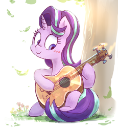 Size: 1224x1322 | Tagged: safe, artist:fuyugi, artist:nendo, imported from derpibooru, starlight glimmer, pony, unicorn, blushing, cute, female, glimmerbetes, guitar, hoof hold, horn, mare, musical instrument, pixiv, sitting, smiling, solo, tree