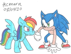 Size: 1124x855 | Tagged: safe, artist:cmara, imported from derpibooru, rainbow dash, anthro, hedgehog, pegasus, pony, clothes, crossover, duo, female, gloves, looking at each other, male, mare, shoes, simple background, sonic the hedgehog, sonic the hedgehog (series), traditional art, white background