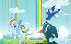 Size: 2985x1850 | Tagged: safe, artist:musical-medic, imported from derpibooru, night glider, rainbow dash, pony, cloud, flying, rainbow falls (location), rainbow waterfall