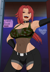 Size: 2800x4000 | Tagged: safe, artist:ponyecho, imported from derpibooru, oc, oc only, oc:nell clearfield, human, abs, absurd resolution, armpits, backstage, belt, clothes, collar, denim shorts, female, hand on hip, happy, humanized, indoors, muscles, muscular female, open mouth, open smile, pony coloring, red hair, shiny skin, shorts, smiling, solo, tanktop, tomboy