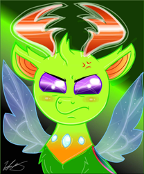 Size: 720x866 | Tagged: artist needed, safe, imported from derpibooru, thorax, changedling, changeling, angry, bust, cross-popping veins, cute, digital art, frown, king thorax, madorable, male, signature, spread wings, thorabetes, wings