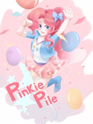 Size: 1536x2048 | Tagged: safe, artist:rino11828834, artist:yuan-rino, imported from derpibooru, pinkie pie, equestria girls, balloon, bow, confetti, cute, diapinkes, female, hair bow, human coloration, looking at you, misspelling, open mouth, solo, stars