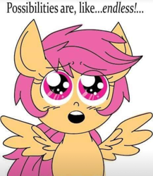 Size: 720x829 | Tagged: artist needed, safe, imported from derpibooru, scootaloo, pegasus, pony, bust, cute, cutealoo, female, filly, open mouth, simple background, solo, spread wings, talking, white background, wings