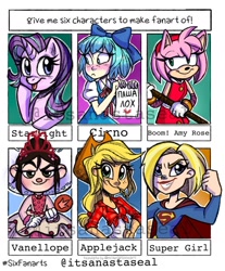 Size: 1080x1306 | Tagged: safe, artist:antych, imported from derpibooru, applejack, starlight glimmer, anthro, human, pony, unicorn, six fanarts, equestria girls, amy rose, anthro with ponies, bow, bust, cirno, clothes, crossover, cyrillic, dc comics, dress, eyelashes, female, flexing, freckles, hair bow, hand on hip, hat, heart, mallet, mare, russian, scepter, smiling, smirk, sonic the hedgehog (series), straw in mouth, supergirl, touhou, vanellope von schweetz, watermark, wreck-it ralph