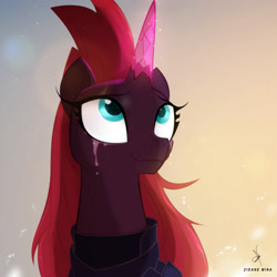 Size: 1984x1984 | Tagged: safe, alternate version, artist:zidanemina, imported from derpibooru, fizzlepop berrytwist, tempest shadow, pony, unicorn, my little pony: the movie, alternate hairstyle, armor, armored pony, bust, crying, crystal horn, female, horn, if only, long mane, looking at something, looking up, mare, prosthetic horn, prosthetics, solo, tears of joy, teary eyes, tempest gets her horn back