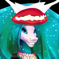 Size: 1024x1024 | Tagged: safe, artist:thisponydoesnotexist, imported from derpibooru, pony, ai content, ai generated, bust, clothes, coomer, eyeshadow, generator:thisponydoesnotexist, grin, hat, jewelry, large mane, makeup, mushroom hat, necklace, neural network, not fluttershy, portrait, princess of coomers, smiling, solo, sparkly mane