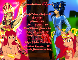 Size: 6599x5100 | Tagged: safe, artist:adhiguna, imported from derpibooru, sunset shimmer, oc, oc:khunis jirall, alicorn, genie, genie pony, equestria girls, commissions sheet, furry, non-mlp oc, obtrusive watermark, watermark