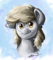 Size: 1674x1882 | Tagged: safe, artist:rigbyh00ves, artist:th3ipodm0n, imported from derpibooru, derpy hooves, pegasus, pony, bust, eyebrows, eyebrows visible through hair, female, front view, full face view, looking at you, mare, one ear down, portrait, smiling, solo