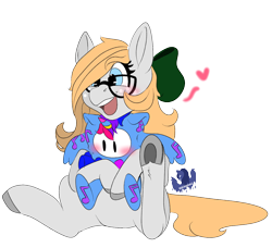 Size: 1314x1200 | Tagged: safe, artist:brainiac, derpibooru exclusive, imported from derpibooru, oc, oc only, oc:gray star, pony, blushing, bow, cute, fall guys, female, glasses, hair bow, mare, ocbetes, plushie, simple background, solo, transparent background