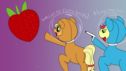 Size: 3840x2160 | Tagged: safe, artist:teddieatwork, imported from derpibooru, applejack, strawberry sunrise, earth pony, pegasus, pony, always has been, astrojack, astronaut, commission, female, food, grammar error, gun, handgun, helmet, hoof hold, imminent death, imminent murder, mare, meme, open mouth, pistol, pointing, ponified meme, raised hoof, sororicide, space, spacesuit, strawberry, this will end in death, this will end in tears, this will end in tears and/or death, wait it's all ohio, weapon, ych result