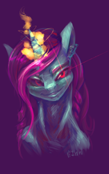 Size: 2200x3507 | Tagged: safe, artist:kiwwsplash, imported from derpibooru, oc, oc only, pony, unicorn, black sclera, bust, glowing horn, horn, purple background, red eyes, signature, simple background, smiling, solo, unicorn oc