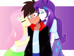 Size: 3222x2448 | Tagged: safe, artist:xan-gelx, imported from derpibooru, fluttershy, rarity, oc, equestria girls, blushing, canon x oc, cheek kiss, commission, eyes closed, kiss on the cheek, kissing, oc gets all the mares