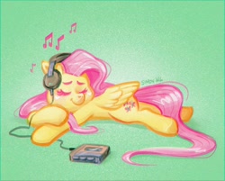 Size: 1024x824 | Tagged: safe, artist:simondrawsstuff, imported from derpibooru, fluttershy, pegasus, pony, cassette player, cute, eyes closed, female, green background, headphones, lying down, mare, music, music notes, music player, prone, shyabetes, simple background, solo