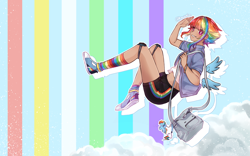 Size: 2560x1600 | Tagged: safe, artist:kawurin, imported from derpibooru, rainbow dash, human, pegasus, pony, alternate hairstyle, ambiguous race, anime, bag, clothes, cloud, cloudsdale, converse, dark skin, ear piercing, earring, female, flying, grin, gym shorts, handbag, happy, humanized, jacket, jewelry, key ring, knee pads, mare, midriff, multicolored hair, piercing, pink eyes, rainbow, rainbow socks, salute, shirt, shoes, short hair, shorts, smiling, sneakers, socks, solo, striped socks, tanktop, watermark, winged humanization, wings