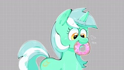 Size: 1920x1080 | Tagged: safe, artist:another_pony, imported from derpibooru, lyra heartstrings, pony, unicorn, abstract background, cute, donut, female, food, heart, lyrabetes, mare, mouth hold, nom, solo, text