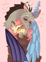 Size: 768x1024 | Tagged: safe, artist:wanderingpegasus, imported from derpibooru, discord, fluttershy, draconequus, pony, blushing, cheek fluff, coiling, coils, colored hooves, cute, discoshy, ear fluff, eyes closed, female, heart, hoof fluff, hug, male, mare, pink background, shipping, simple background, smiling, straight, stray strand, winghug