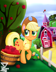 Size: 3000x3856 | Tagged: safe, artist:theretroart88, imported from derpibooru, applejack, earth pony, pony, apple, barn, blushing, bucket, cowboy hat, female, food, fruit, hat, high res, mare, raised hoof, stetson, sweat, sweet apple acres