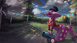 Size: 3840x2160 | Tagged: safe, artist:eqlipse, imported from derpibooru, pinkie pie, cobra, lamia, original species, snake, female, happy, lamiafied, party cannon, snek, solo, species swap