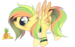 Size: 1024x643 | Tagged: safe, artist:lazuli, artist:mint-light, imported from derpibooru, oc, oc only, pegasus, pony, ear piercing, earring, flying, food, jewelry, looking down, pegasus oc, piercing, pineapple, simple background, solo, transparent background, two toned wings, wings, wristband