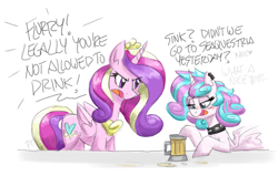 Size: 3000x1908 | Tagged: safe, artist:flutterthrash, imported from derpibooru, princess cadance, princess flurry heart, alicorn, pony, alcohol, blushing, choker, cider, dialogue, drunk, female, mother and child, mother and daughter, older, older flurry heart, piercing, princess emo heart, punk, slim, spiked choker, teenage flurry heart, teenager, this will end in death, this will end in tears, this will end in tears and/or death, underaged drinking