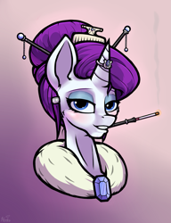 Size: 1119x1455 | Tagged: safe, artist:hc0, imported from derpibooru, rarity, pony, unicorn, bust, cigarette, cigarette holder, female, gradient background, horn, jewelry, mare, portrait, ring, solo