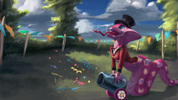 Size: 3840x2160 | Tagged: safe, artist:eqlipse, imported from derpibooru, pinkie pie, cobra, lamia, original species, snake, female, happy, lamiafied, party cannon, snek, solo, species swap