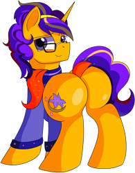 Size: 5000x6400 | Tagged: safe, artist:rainbowtashie, imported from derpibooru, moondancer, saffron masala, sweetie belle, oc, oc only, pony, unicorn, bandana, butt, clothes, commissioner:bigonionbean, cutie mark, extra thicc, flank, fusion, glasses, male, plot, rule 63, simple background, stallion, transparent background, writer:bigonionbean