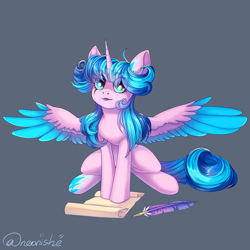 Size: 2000x2000 | Tagged: safe, artist:neonishe, imported from derpibooru, oc, oc only, oc:neon star, alicorn, pony, alicorn oc, female, gray background, horn, quill, scroll, simple background, solo, wings