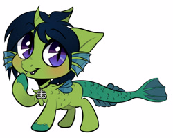 Size: 2500x2000 | Tagged: safe, artist:xvostik, imported from derpibooru, oc, oc only, oc:demon hellspawn, half-siren, hybrid, pony, baby, chest fluff, colored hooves, colt, commission, curved horn, fangs, fins, fish tail, horn, jewelry, leviathan cross, magical gay spawn, male, necklace, offspring, open mouth, raised hoof, scales, simple background, slit eyes, slit pupils, solo, white background, ych result