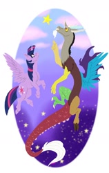 Size: 1200x1900 | Tagged: safe, artist:d3pressedr4inbow, imported from derpibooru, discord, twilight sparkle, alicorn, draconequus, pony, discolight, female, male, mare, shipping, stars, straight, twilight sparkle (alicorn)