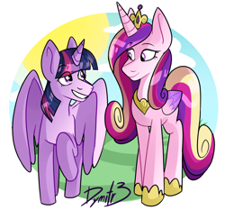 Size: 1280x1194 | Tagged: safe, artist:dymitre, imported from derpibooru, princess cadance, twilight sparkle, alicorn, pony, crown, duo, female, jewelry, mare, regalia, sisters-in-law, smiling, twilight sparkle (alicorn)