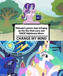 Size: 1000x1208 | Tagged: safe, edit, edited screencap, imported from derpibooru, screencap, princess celestia, princess luna, shining armor, starlight glimmer, alicorn, pony, unicorn, sparkle's seven, :i, bitchlestia, blame my sister, change my mind, chocolate, cup, female, food, funny, hoof pointing, hot chocolate, hypocrisy, i hate you, i mean i see, luna is not amused, mare, meme, mugclub, smuglestia, table, tsundere, unamused