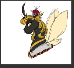 Size: 526x486 | Tagged: safe, artist:shirofluff, imported from derpibooru, queen bumble, bee, beeling, changeling, changeling queen, bust, crown, curved horn, female, g1, horn, jewelry, redesign, regalia, simple background, solo, white background, yellow changeling