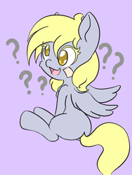 Size: 1536x2048 | Tagged: safe, artist:larrykitty, artist:php156, imported from derpibooru, derpy hooves, pegasus, pony, cheek fluff, chest fluff, confused, cute, derpabetes, female, filly, filly derpy, leg fluff, looking back, open mouth, purple background, question mark, simple background, sitting, solo, younger