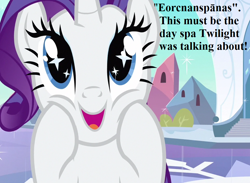 Size: 962x703 | Tagged: safe, edit, edited screencap, imported from derpibooru, screencap, rarity, pony, season 3, the crystal empire, cheek squish, cropped, crystal empire, cute, happy, implied twilight sparkle, old english, pun, punny name, raribetes, solo, squishy cheeks, starry eyes, wingding eyes