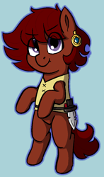 Size: 562x958 | Tagged: safe, artist:heretichesh, imported from derpibooru, oc, oc only, oc:ruby rouge, earth pony, pony, colt quest, belt, dagger, ear piercing, earring, female, filly, jewelry, piercing, smug, solo, standing, tomboy, tunic, weapon