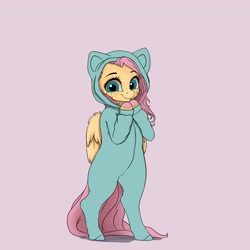 Size: 4000x4000 | Tagged: safe, artist:miokomata, imported from derpibooru, fluttershy, pegasus, semi-anthro, absurd resolution, bipedal, cat's pajamas, clothes, colored hooves, costume, cute, cute little fangs, fangs, female, footed sleeper, footie pajamas, freckles, freckleshy, kigurumi, looking at you, mare, onesie, pajamas, purple background, shyabetes, simple background, solo