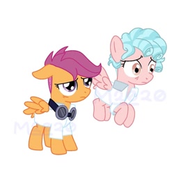 Size: 768x768 | Tagged: safe, artist:wallflowen, artist:wallflower.artz, imported from derpibooru, cozy glow, scootaloo, pegasus, pony, fanfic:rainbow factory, clothes, female, filly, flying, goggles, lab coat, rainbow factory au, sad, shaved mane, simple background, white background