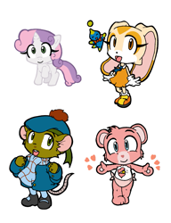 Size: 803x1044 | Tagged: safe, artist:cutemax, imported from derpibooru, sweetie belle, bear, mouse, rabbit, unicorn, animal, baby hugs bear, care bears, cheese the chao, clothes, cream the rabbit, cute, diasweetes, olivia flaversham, scarf, sonic the hedgehog (series), tam o' shanter, the great mouse detective, weapons-grade cute