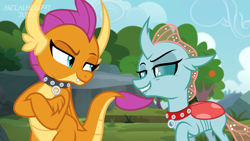 Size: 8000x4500 | Tagged: safe, artist:metalhead97, imported from derpibooru, ocellus, smolder, changeling, dragon, bedroom eyes, collar, commission, dragoness, female, femsub, grin, kinky, lesbian, lidded eyes, lip bite, looking at each other, shipping, show accurate, smiling, smolcellus, submissive, surprised, sweet feather sanctuary, this will end in snu snu