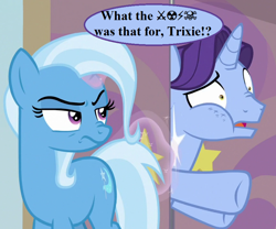 Size: 864x720 | Tagged: safe, edit, edited screencap, imported from derpibooru, screencap, november rain, trixie, student counsel, censored vulgarity, cropped, door, female, friendship student, grawlixes, magic, magic aura, mare, school of friendship, slamming door, speech, speech bubble, talking