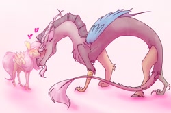 Size: 1280x843 | Tagged: safe, artist:cawterwaul, artist:thewabbithole, imported from derpibooru, discord, fluttershy, draconequus, pegasus, pony, blushing, colored hooves, cute, discoshy, ear fluff, eyes closed, female, heart, leg fluff, male, mare, shipping, smiling, straight