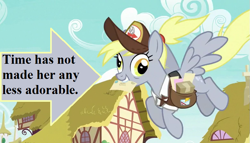 Size: 777x444 | Tagged: safe, edit, edited screencap, imported from derpibooru, screencap, derpy hooves, the last problem, arrow, captain obvious, cropped, cute, derpabetes, female, hat, letter, mailbag, mailmare hat, mailpony uniform, mare, older derpy hooves, package, ponyville, text, truth